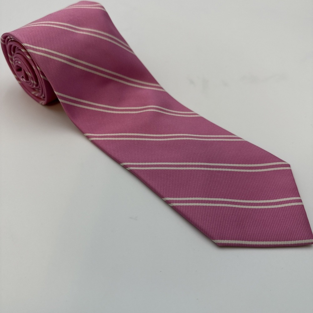 ROOSTER Striped ALL Silk Repp Tie PINK WHITE Diagonal, PREPPY